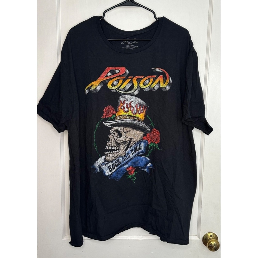 Poison "Rock and Roll" Black T-Shirt Mens Sz 3XL Skull With Top Hat Graphic XXXL